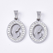 201 Stainless Steel Pendants, for Mothers' Day, with Random Size Snap On Bails and Polymer Clay Crystal Rhinestones, Oval with Mom, Stainless Steel Color, 21x15x2.5mm, Hole: 7~10x3~5mm(STAS-N089-23P-A)