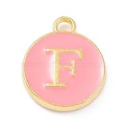 Golden Plated Alloy Enamel Charms, Enamelled Sequins, Flat Round with Alphabet, Letter.F, Pink, 14x12x2mm, Hole: 1.5mm(X-ENAM-Q437-14F)