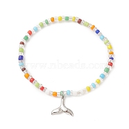 Colorful Seed Beaded Stretch Bracelet with Brass Charms for Women, Whale Tail Pattern, Inner Diameter: 2 inch(5.2cm), Pendants: 12.5x13.5x2mm(BJEW-JB09218-04)