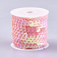 Eco-Friendly Plastic Paillette Beads, Sequins Beads, Ornament Accessories, AB Color, Flat Round, Pink, 6mm, about 5m/roll(PVC-Q092-6mm-P22)