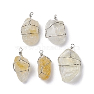 Natural Citrine Copper Wire Wrapped Pendants, Nuggets Charms, Platinum, 29.5~37x14~22x9.5~17.5mm, Hole: 2.2mm(G-C110-06B-P)