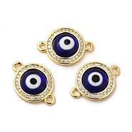 Rack Plating Real 18K Gold Plated Brass Micro Pave Clear Cubic Zirconia Connector Charms, Flat Round with Evil Eye Links, with Handmade Lampwork, Cadmium Free & Lead Free, Long-Lasting, Blue, 18.5x13x4mm, Hole: 1.4mm(ZIRC-L102-04G-03)