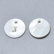 Natural White Shell Mother of Pearl Shell Charms, with Iron Sticker, Flat Round with Letter, Letter.J, 13x2mm, Hole: 1.5mm(SSHEL-N036-053J)