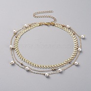 3 Layered Necklaces, with Plastic Imitation Pearl Beads, 304 Stainless Steel Lobster Claw Clasps and Brass Cable Chains & Cobs Chains, Golden, 12.59 inch(32cm)(NJEW-JN02633-02)