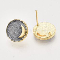 Brass Stud Earring Findings, with Enamel and Loop, Flat Round with Moon, Real 18K Gold Plated, Nickel Free, Dark Gray, 14x4mm, Hole: 1mm, Pin: 1mm(X-KK-N216-37G-01-NF)
