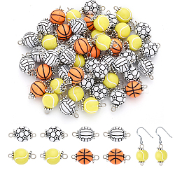 CHGCRAFT 100Pcs 4 Styles Acrylic Round Ball Connector Charms, with Antique Silver Tone Space Beads, Basketball & Volleyball & Football & Tennis, Mixed Patterns, 20x11.5~12mm, Hole: 1.6mm & 2.5mm, about 25pcs/style(FIND-CA0006-45)