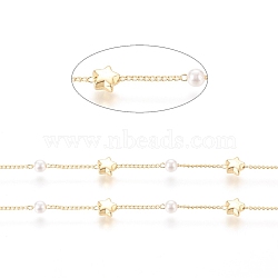 3.28 Feet Brass Handmade Beaded Chain, Curb Chains, with CCB Plastic Imitation Pearl Bead, Long-Lasting Plated, Soldered, Star, Real 18K Gold Plated, 2x1x0.8mm, Bead: 4mm, Star: 5.5x6.5x3mm(X-CHC-G011-16G)