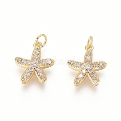 Brass Charms, with Clear Cubic Zirconia and Jump Rings, Starfish/Sea Stars, Golden, 13x11x3mm, Hole: 2.5mm(ZIRC-L087-044G)