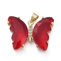 Brass Micro Pave Clear Cubic Zirconia Pendants, with Glass, Butterfly, Golden, Red, 20x26.5x5mm(ZIRC-P079-A01-07)