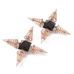 Rose Gold Brass Spritual Energy Generator, with Natural Tiger Eye Pyramid and Conductive Coils, for Body Healing, Reiki Balancing Chakras, Aura Cleansing, Protection, Darts, 113.5x113.5x32mm(DJEW-P003-01RG-06)