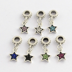 Alloy Rhinestone European Dangle Charms, Star, Antique Silver, Mixed Color, 24mm, Hole: 4mm(X-MPDL-R036-53)