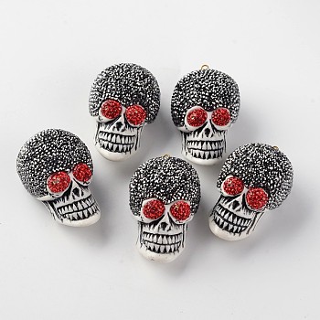 Skull Resin Pendants, with Polymer Clay Rhinestone and Golden Tone Brass Findings, White, 48~51x28~30x25~30mm, Hole: 2mm
