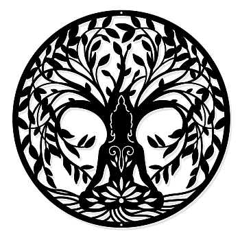 Iron Wall Art Decorations, for Front Porch, Living Room, Kitchen, Flat Round with Tree of Life, Electrophoresis Black, 300x300x1mm