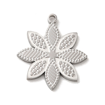 304 Stainless Steel Pendants, Textured and Laser Cut, Flower Charm, Stainless Steel Color, 18.5x16.5x1.5mm, Hole: 1.4mm