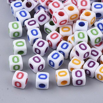 White Opaque Acrylic Beads, Horizontal Hole, Cube with Mixed Color Letter, Letter.O, 5x5x5mm, Hole: 2mm, about 5000pcs/500g