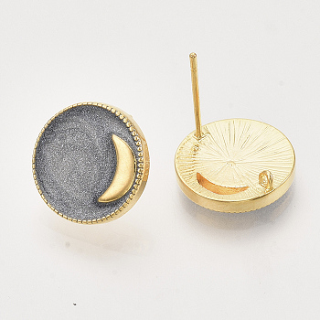 Brass Stud Earring Findings, with Enamel and Loop, Flat Round with Moon, Real 18K Gold Plated, Nickel Free, Dark Gray, 14x4mm, Hole: 1mm, Pin: 1mm