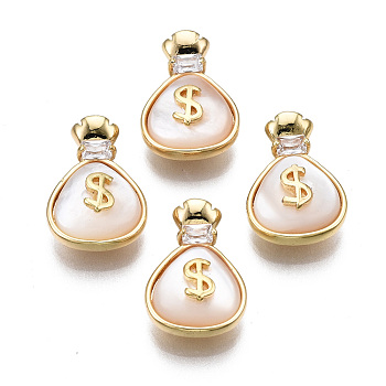 Brass Micro Pave Clear Cubic Zirconia Charms, with Natural Shell, Nickel Free, Purse, Real 18K Gold Plated, 14.5x10x5mm, Hole: 1.5x1mm