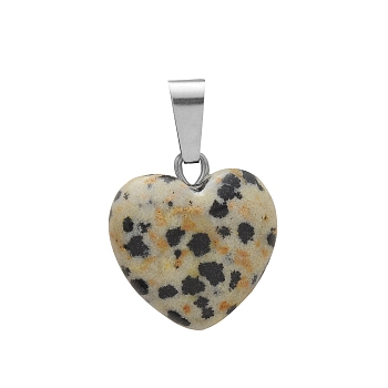 Natural Dalmatian Jasper Charms, with Silver Tone Metal Findings, Heart, 16x6mm