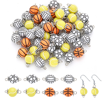 100Pcs 4 Styles Acrylic Round Ball Connector Charms, with Antique Silver Tone Space Beads, Basketball & Volleyball & Football & Tennis, Mixed Patterns, 20x11.5~12mm, Hole: 1.6mm & 2.5mm, about 25pcs/style