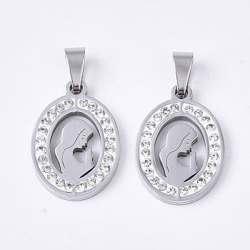 201 Stainless Steel Pendants, for Mothers' Day, with Random Size Snap On Bails and Polymer Clay Crystal Rhinestones, Oval with Mom, Stainless Steel Color, 21x15x2.5mm, Hole: 7~10x3~5mm
