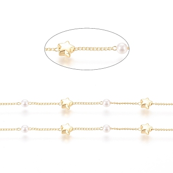 3.28 Feet Brass Handmade Beaded Chain, Curb Chains, with CCB Plastic Imitation Pearl Bead, Long-Lasting Plated, Soldered, Star, Real 18K Gold Plated, 2x1x0.8mm, Bead: 4mm, Star: 5.5x6.5x3mm