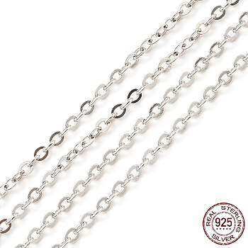 Rhodium Plated 925 Sterling Silver Flat Cable Chains, Soldered, Platinum, Link: 2x1.5x0.5mm