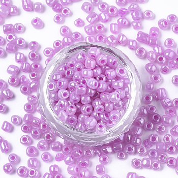 8/0 Glass Seed Beads, Ceylon, Round, Round Hole, Violet, 8/0, 3mm, Hole: 1mm, about 1111pcs/50g, 50g/bag, 18bags/2pounds