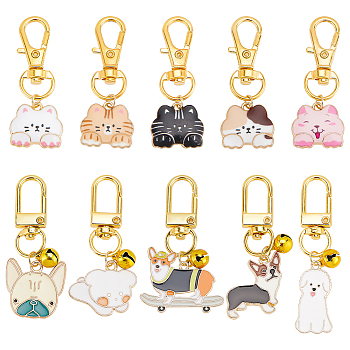 2 Sets 2 Styles Alloy Brass Enamel Pendants Decorations Set, Alloy Swivel Clasp Charms, Clip-on Charm, for Keychain, Purse, Backpack Ornament, Dog & Cat, Mixed Color, 48~3mm, 1 set/style