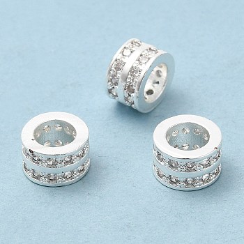 Rack Plating Brass Cubic Zirconia European Beads, Large Hole Beads, Cadmium Free & Lead Free, Long-Lasting Plated, Column, Silver Color Plated, 8x5mm, Hole: 5mm
