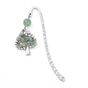 Tibetan Style Alloy Bookmarks, with Alloy Pendants and Natural Green Aventurine Beads, Tree, 84mm, Pendant: 28x23.5x6mm