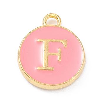 Golden Plated Alloy Enamel Charms, Enamelled Sequins, Flat Round with Alphabet, Letter.F, Pink, 14x12x2mm, Hole: 1.5mm