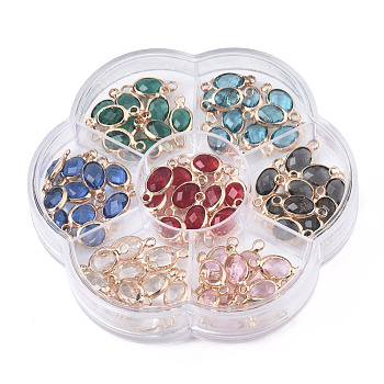 70Pcs 7 Colors K9 Glass Connector Charms, with Light Gold Plated Brass Findings, Oval, Faceted, Mixed Color, 15x6.5x3.5mm, Hole: 1.8mm, 10pcs/color