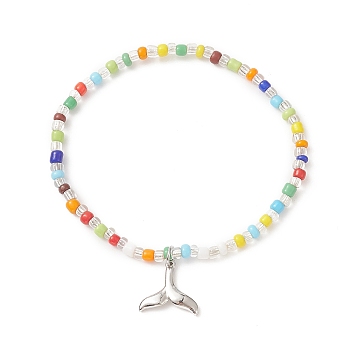 Colorful Seed Beaded Stretch Bracelet with Brass Charms for Women, Whale Tail Pattern, Inner Diameter: 2 inch(5.2cm), Pendants: 12.5x13.5x2mm