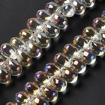 Electroplate Glass Beads Strands, Top Drilled Beads, Full Rainbow Plated, Teardrop, Champagne Yellow, 13.5x9.5mm, Hole: 0.9mm, about 120pcs/strand, 23.23''(59cm)