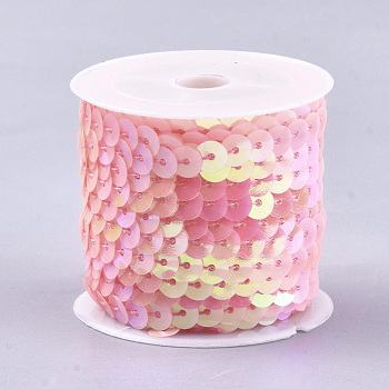 Eco-Friendly Plastic Paillette Beads, Sequins Beads, Ornament Accessories, AB Color, Flat Round, Pink, 6mm, about 5m/roll
