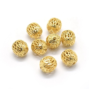 Hollow Brass Beads, Round, Real 18K Gold Plated, 8.5x9.5mm, Hole: 1.6mm