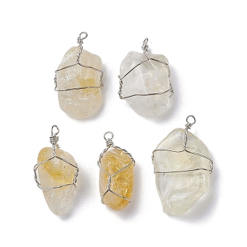 Natural Citrine Copper Wire Wrapped Pendants, Nuggets Charms, Platinum, 29.5~37x14~22x9.5~17.5mm, Hole: 2.2mm