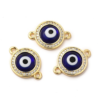 Rack Plating Real 18K Gold Plated Brass Micro Pave Clear Cubic Zirconia Connector Charms, Flat Round with Evil Eye Links, with Handmade Lampwork, Cadmium Free & Lead Free, Long-Lasting, Blue, 18.5x13x4mm, Hole: 1.4mm