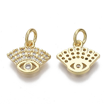 Brass Micro Pave Cubic Zirconia Charms, with Jump Rings, Nickel Free, Eye, Clear, Real 16K Gold Plated, 10.5x12x2mm, Hole: 3mm