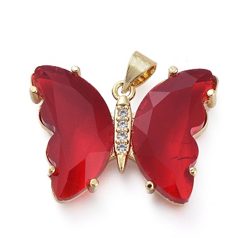 Brass Micro Pave Clear Cubic Zirconia Pendants, with Glass, Butterfly, Golden, Red, 20x26.5x5mm