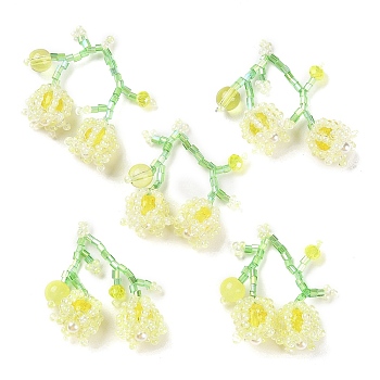 Seed & Acrylic & ABS Plastic Pearl Beaded Pendants, Cherry Charms, Yellow, 30~32x33~35x12~13mm, Hole: 1.2~1.4mm
