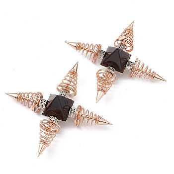 Rose Gold Brass Spritual Energy Generator, with Natural Tiger Eye Pyramid and Conductive Coils, for Body Healing, Reiki Balancing Chakras, Aura Cleansing, Protection, Darts, 113.5x113.5x32mm