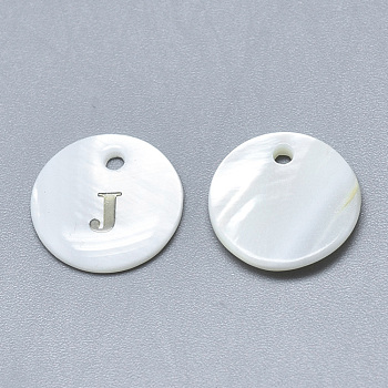 Natural White Shell Mother of Pearl Shell Charms, with Iron Sticker, Flat Round with Letter, Letter.J, 13x2mm, Hole: 1.5mm