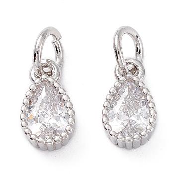 Brass Micro Pave Cubic Zirconia Charms, teardrop, Clear, Platinum, 10x5.5x3mm, Hole: 3mm