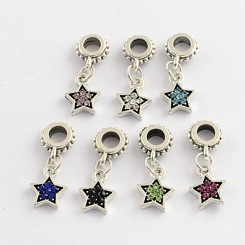 Alloy Rhinestone European Dangle Charms, Star, Antique Silver, Mixed Color, 24mm, Hole: 4mm