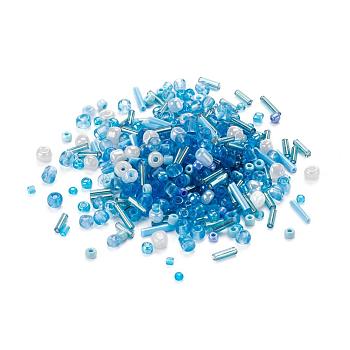 Glass Seed Beads, Mixed Style, Mixed Shapes, Dodger Blue, 1~7x2~4mm, Hole: 0.7~1mm