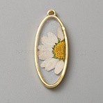 Alloy Epoxy Resin Inner Flower Pendants with Glitter Powder, Golden, Oval, 37.5x15x3mm, Hole: 2mm(FIND-TAC0039-015G-A)