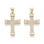 Religion Brass Micro Pave Clear Cubic Zirconia Pendants, Cross Charms, Real 16K Gold Plated, 27.5x16.5x3mm, Hole: 5x3.5mm(KK-T080-42G)