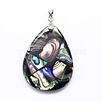Brass Paua Shell Teardrop Pendants, Platinum, Undyed, 40~42x30~32x4~9mm, Hole: 4mm(SSHEL-F0006-58)