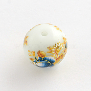 Flower Picture Glass Round Beads, with Gold Metal Enlaced, Steel Blue, 14x13mm, Hole: 1.5mm(GFB-R004-14mm-I16)